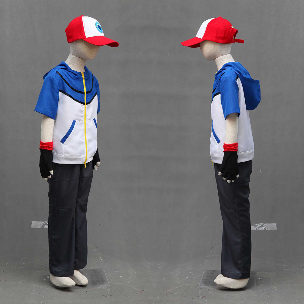 Anime Pokemon Costume Trainer Ash Ketchum Short Sleeves Cosplay Suit with Accessories for Men and Kids