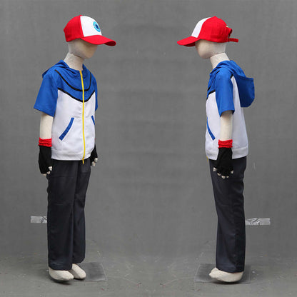 Anime Pokemon Costume Trainer Ash Ketchum Short Sleeves Cosplay Suit with Accessories for Men and Kids