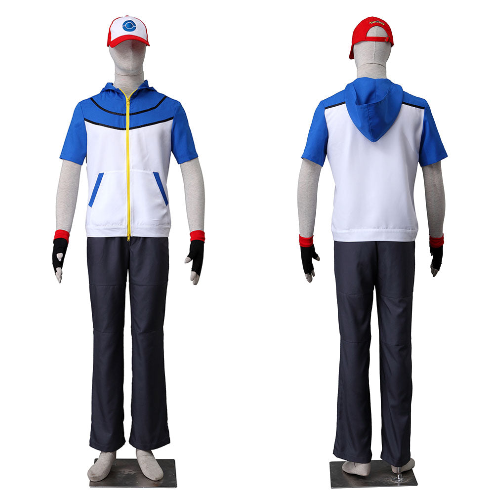 Anime Pokemon Costume Trainer Ash Ketchum Short Sleeves Cosplay Suit with Accessories for Men and Kids