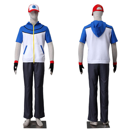 Anime Pokemon Costume Trainer Ash Ketchum Short Sleeves Cosplay Suit with Accessories for Men and Kids