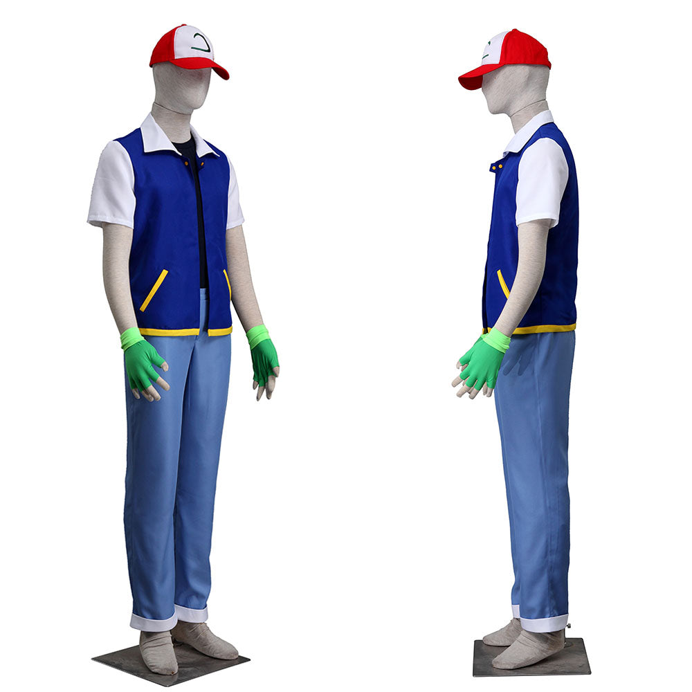 Anime Pokemon Costume Trainer Ash Ketchum Jacket Cosplay Quality full Suit Halloween for Men and Kids
