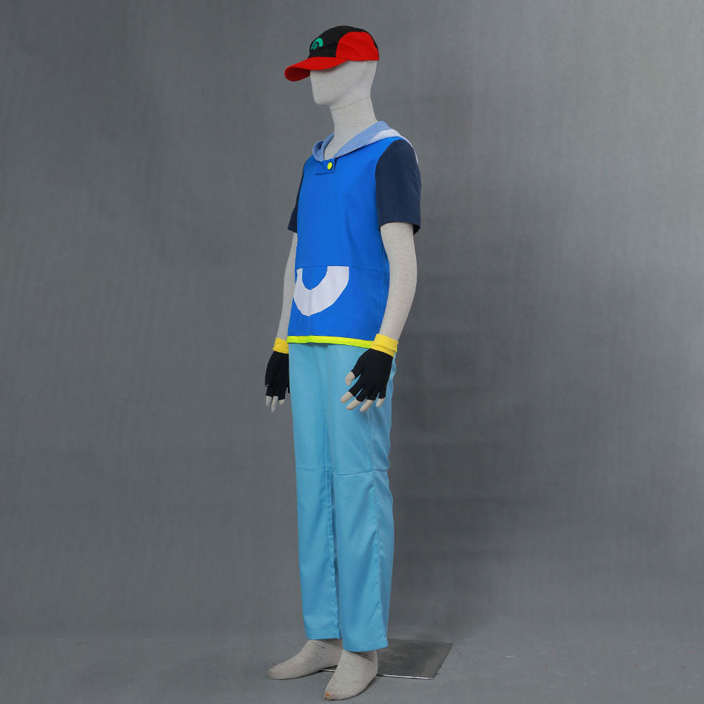 Men and Kids Anime Pokemon Costume Trainer Ash Ketchum Short Sleeves Cosplay Suit with Hat
