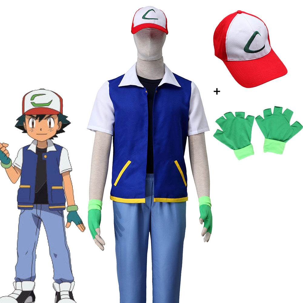 Anime Pokemon Costume Trainer Ash Ketchum Jacket Cosplay Quality full Suit Halloween for Men and Kids
