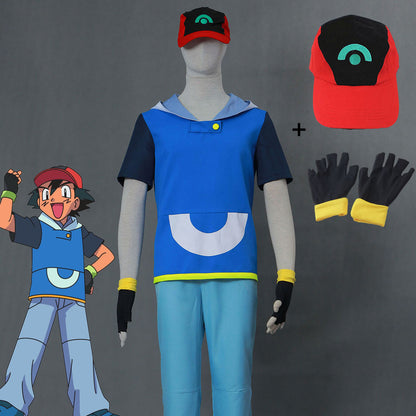 Men and Kids Anime Pokemon Costume Trainer Ash Ketchum Short Sleeves Cosplay Suit with Hat