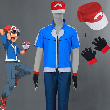 Men and Kids Anime Pokemon Costume Trainer Ash Ketchum Short Sleeves Cosplay Suit with Accessories