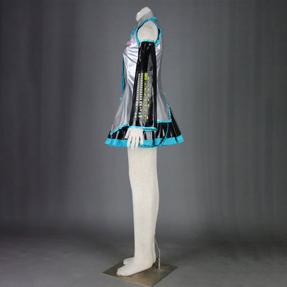 Blue Twin-Tail Virtual Singer Metallic Stage Cosplay Costume with Accessories for Women and Kids