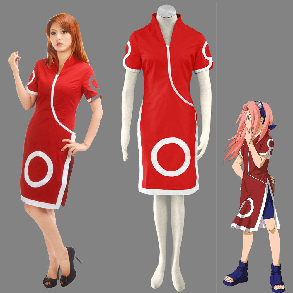Anime Naruto Costume Sakura Girl Cosplay Red Dress Costume for Women Kids