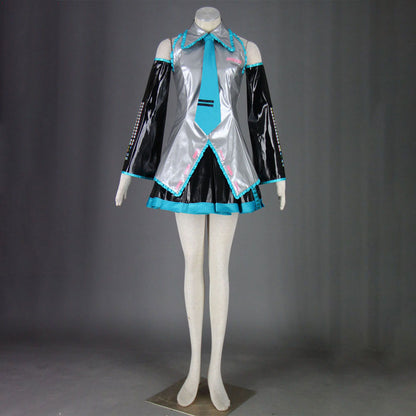 Blue Twin-Tail Virtual Singer Metallic Stage Cosplay Costume with Accessories for Women and Kids