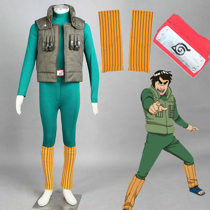 Anime Naruto Costume Might Guy Cosplay Green Jumpsuit Full Set for Men Kids Halloween