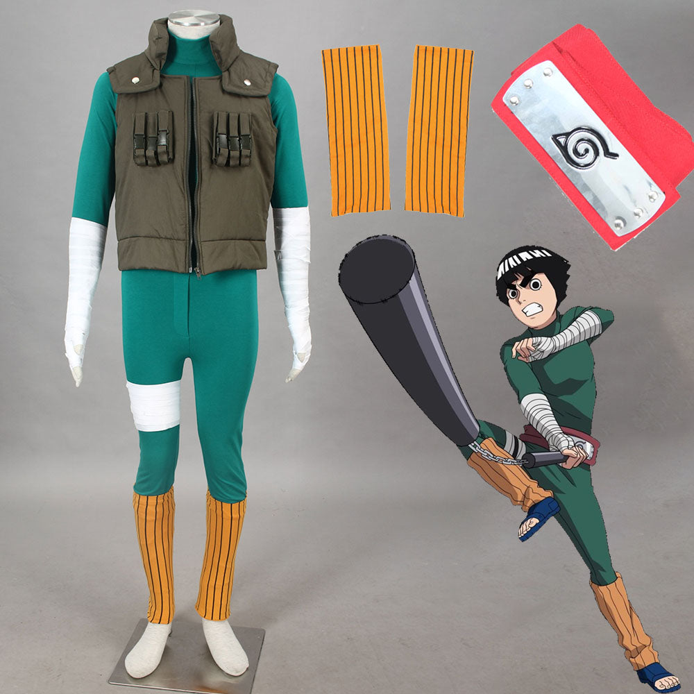 Anime Naruto Costume Rock Lee Cosplay Green Jumpsuit with Jacket Outfit Costume Men Kids