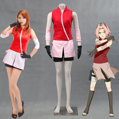 Anime Naruto Costume Sakura Cosplay Uniform with Headband for Women Kids Halloween