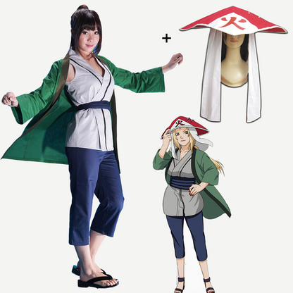 Anime Naruto Fifth Hokage Tsunade Cosplay Costume with Hokage Hat for Women Kids