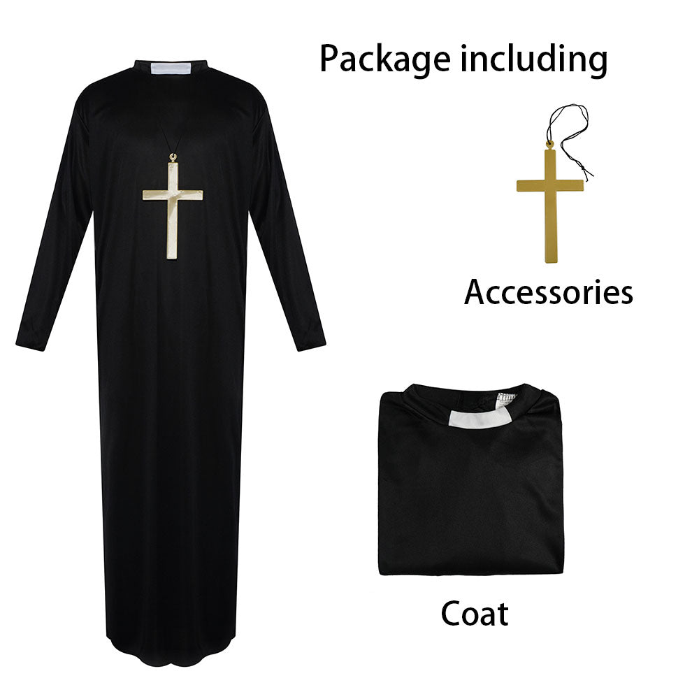 Halloween Costume the Catholic Father Priest Cosplay Coat with Cross Necklace
