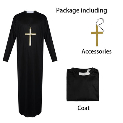 Halloween Costume the Catholic Father Priest Cosplay Coat with Cross Necklace