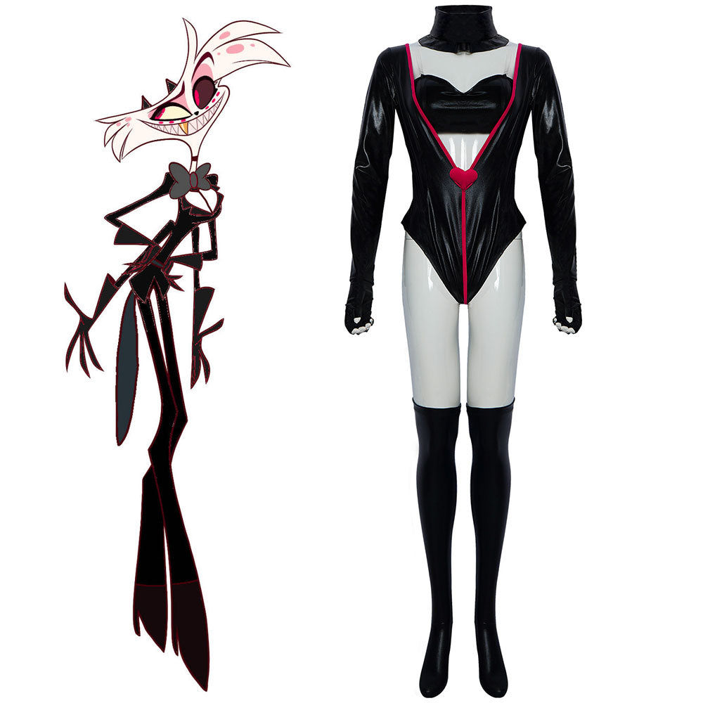 Hazbin Hotel Angel Dust Cosplay Costume Black Leather Jumpsuit Outfit for Women Halloween