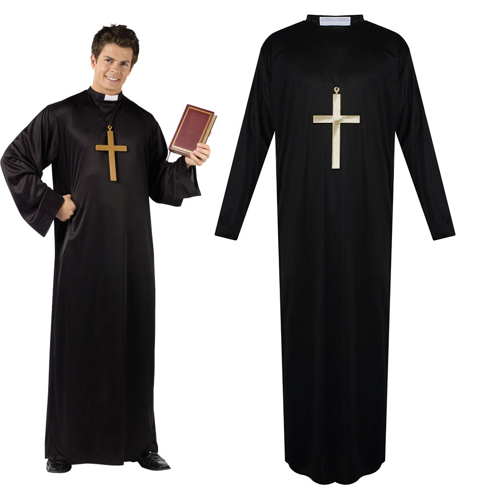 Halloween Costume the Catholic Father Priest Cosplay Coat with Cross Necklace
