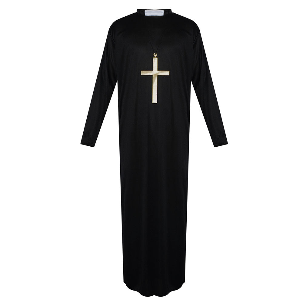 Halloween Costume the Catholic Father Priest Cosplay Coat with Cross Necklace
