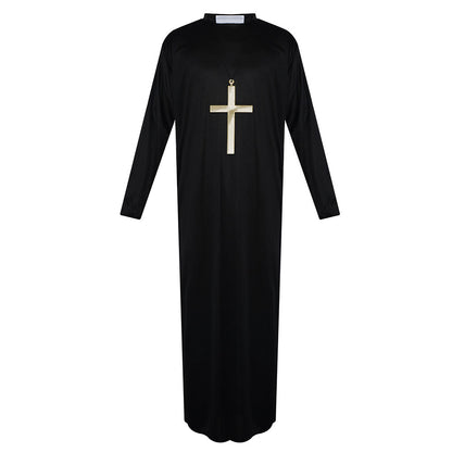 Halloween Costume the Catholic Father Priest Cosplay Coat with Cross Necklace