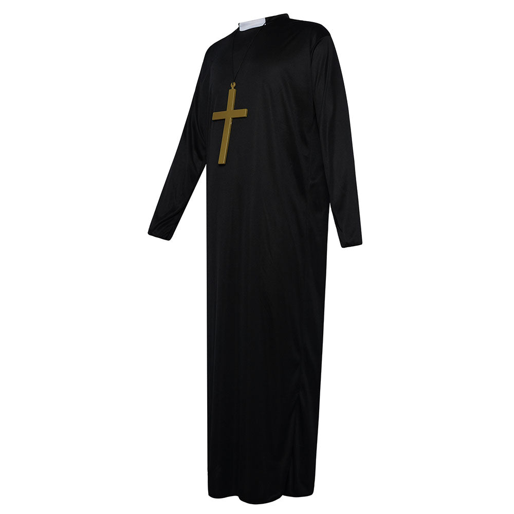 Halloween Costume the Catholic Father Priest Cosplay Coat with Cross Necklace
