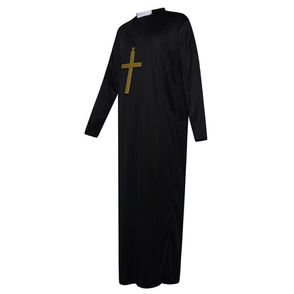 Halloween Costume the Catholic Father Priest Cosplay Coat with Cross Necklace
