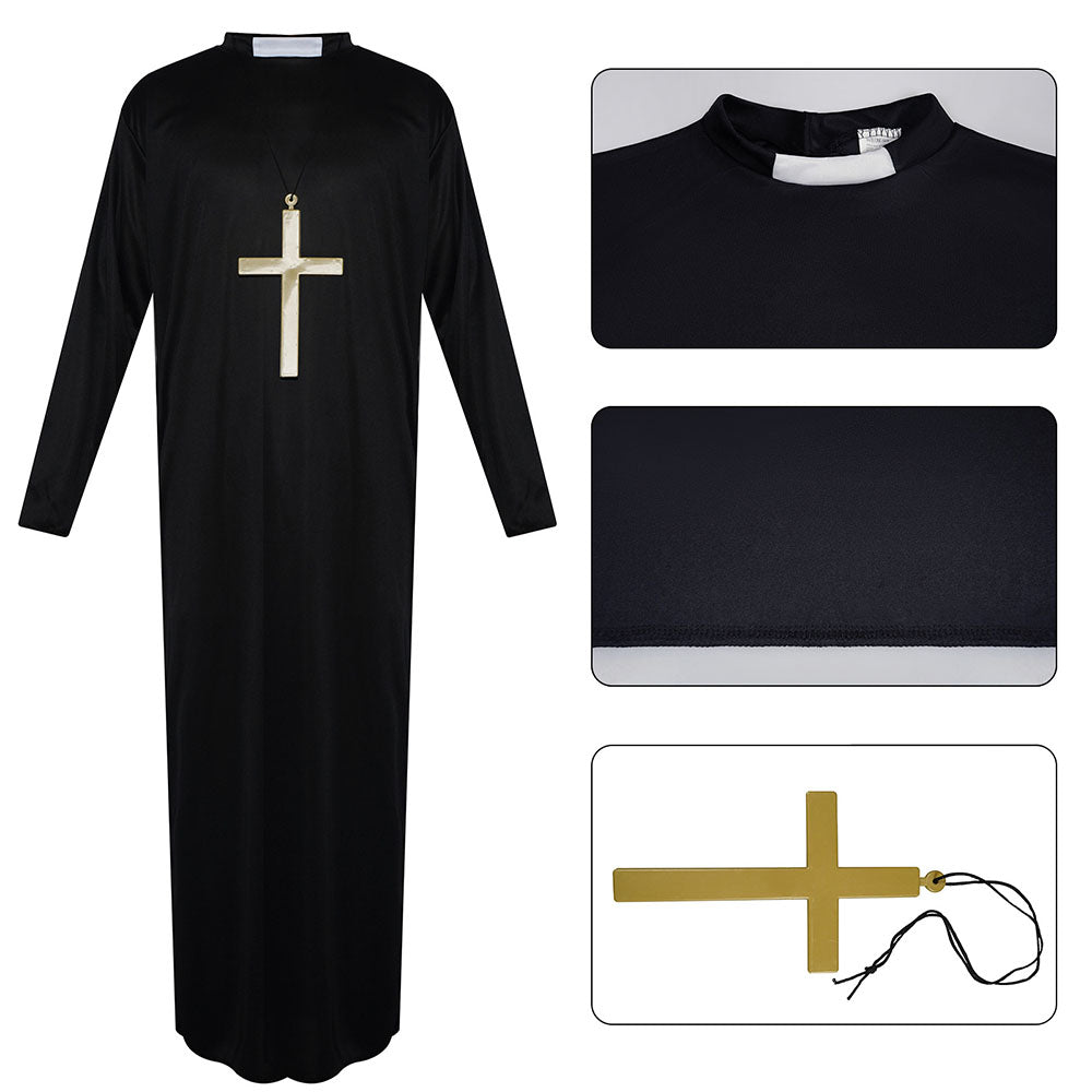 Halloween Costume the Catholic Father Priest Cosplay Coat with Cross Necklace