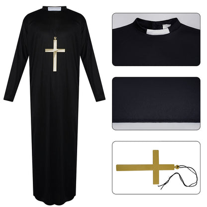 Halloween Costume the Catholic Father Priest Cosplay Coat with Cross Necklace