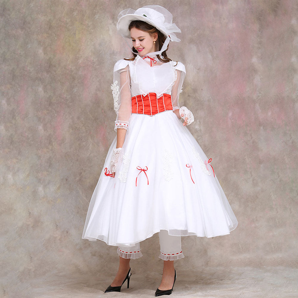 Movie Mary Poppins Costume Mary Poppins Cosplay White Dress with Hat Women Halloween